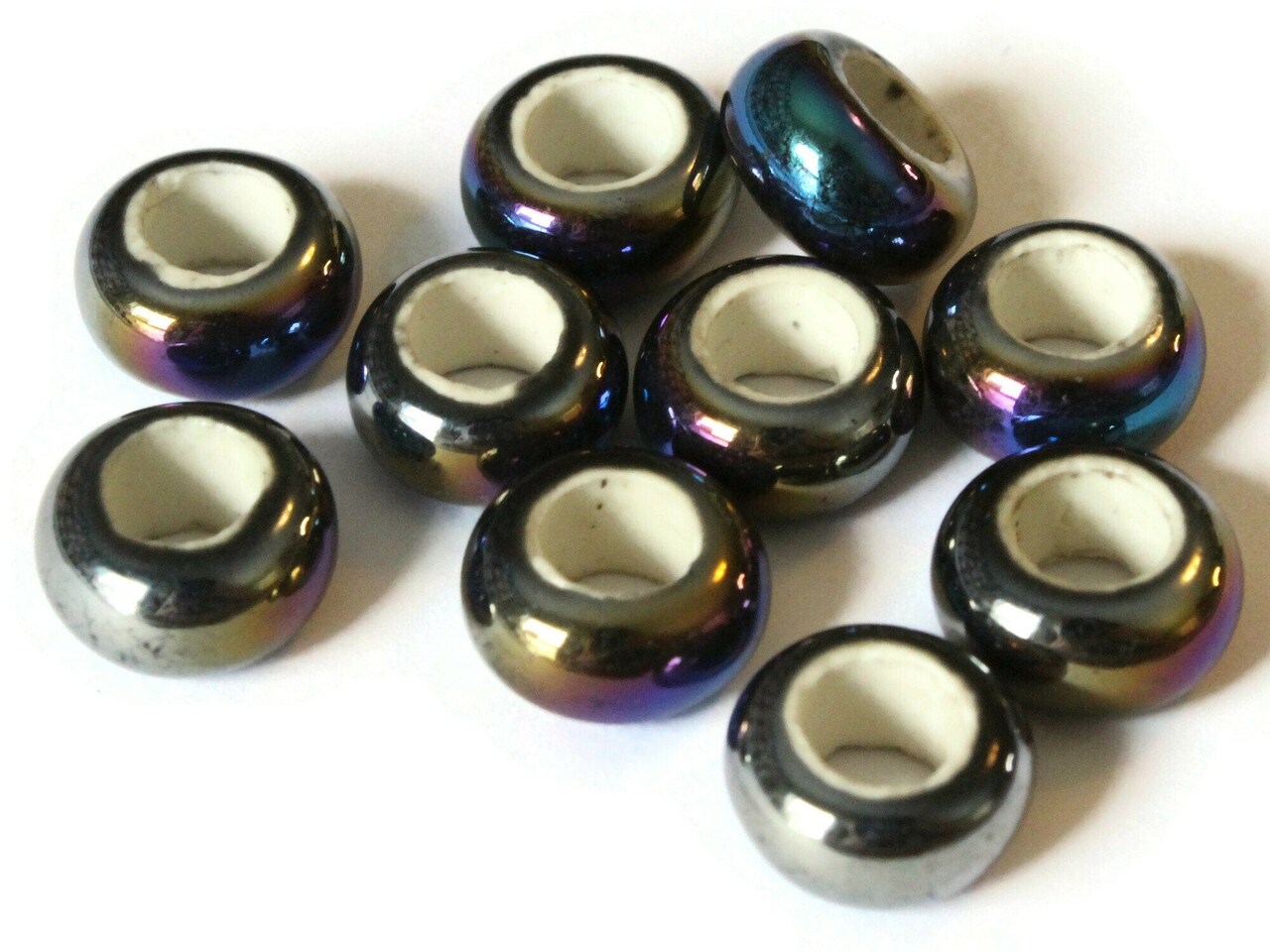 10 13mm Black Rainbow Porcelain Rondelle Beads - Large Hole Beads